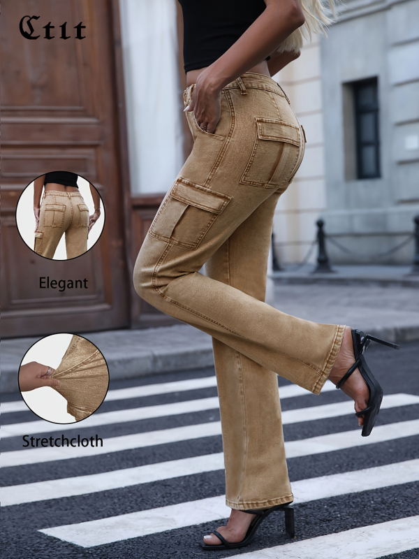 Sieviešu denim bikses ar taisnu piegriezumu, ar kabatām, no kokvilnas, bez krunkām, brīvs piegriezums, vidējais jostas augstums