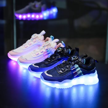 Παιδικά παπούτσια για τρέξιμο με επαναφορτιζόμενο LED φως, δίχτυωτό επάνω μέρος, EVA σόλα, κλείσιμο με περιστροφικό κουμπί, unisex, για άνοιξη-καλοκαίρι-φθινόπωρο