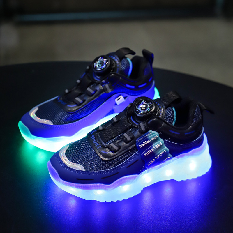 Παιδικά παπούτσια για τρέξιμο με επαναφορτιζόμενο LED φως, δίχτυωτό επάνω μέρος, EVA σόλα, κλείσιμο με περιστροφικό κουμπί, unisex, για άνοιξη-καλοκαίρι-φθινόπωρο