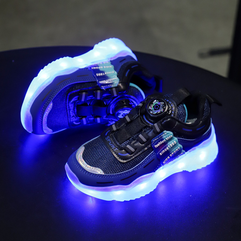 Παιδικά παπούτσια για τρέξιμο με επαναφορτιζόμενο LED φως, δίχτυωτό επάνω μέρος, EVA σόλα, κλείσιμο με περιστροφικό κουμπί, unisex, για άνοιξη-καλοκαίρι-φθινόπωρο