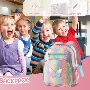 Детска раница с пеперуда за началното училище — лека, издръжлива, разширяема и с опора за гръб; Полиестер, подплата Oxford; извити презрамки.