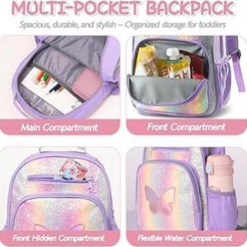 Детска раница с пеперуда за началното училище — лека, издръжлива, разширяема и с опора за гръб; Полиестер, подплата Oxford; извити презрамки.