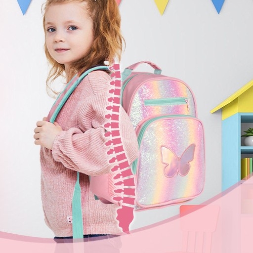 Детска раница с пеперуда за началното училище — лека, издръжлива, разширяема и с опора за гръб; Полиестер, подплата Oxford; извити презрамки.