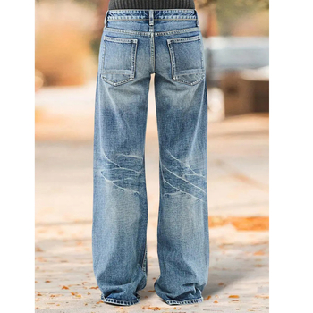Sieviešu džinsi ar platām kājām no denima ar pūkainu apdari, izmazgāts denims, ļoti zems viduklis, mikro elastība