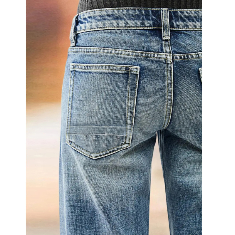 Sieviešu džinsi ar platām kājām no denima ar pūkainu apdari, izmazgāts denims, ļoti zems viduklis, mikro elastība