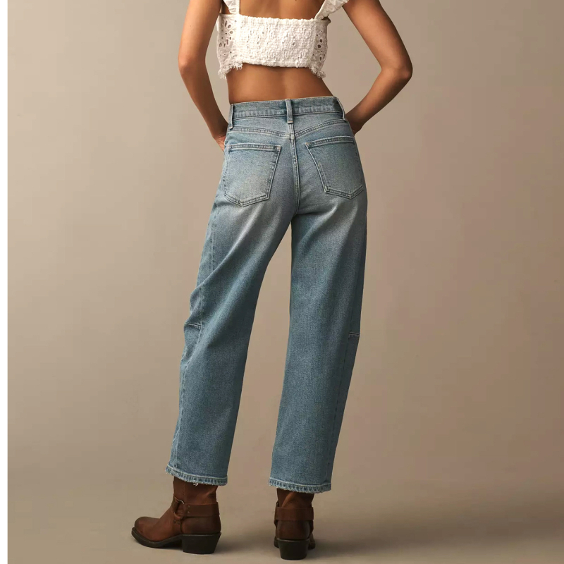 Džinsi – adīts denims ar elastānu, augsts viduklis, taisnas bikses, nolietoti un izmazgāti