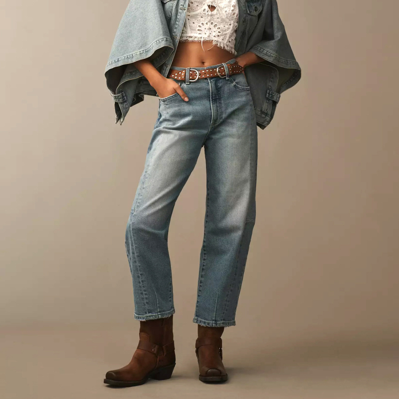 Džinsi – adīts denims ar elastānu, augsts viduklis, taisnas bikses, nolietoti un izmazgāti