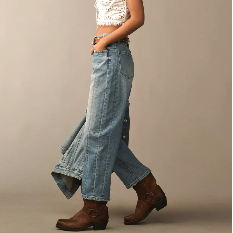 Džinsi – adīts denims ar elastānu, augsts viduklis, taisnas bikses, nolietoti un izmazgāti