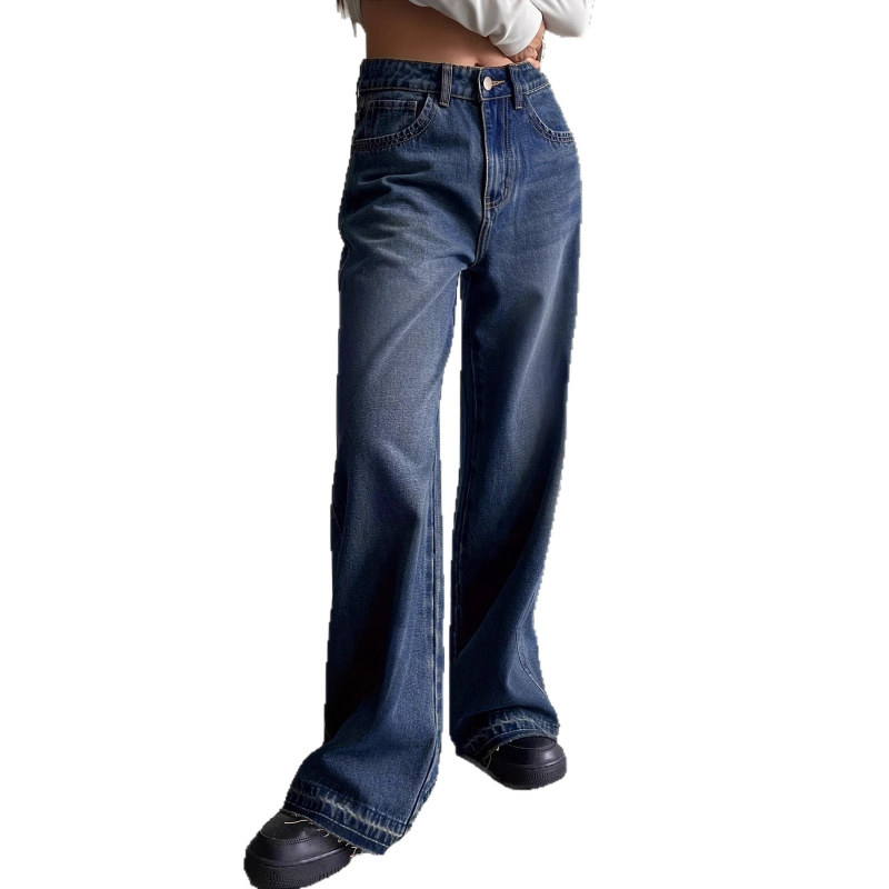 Sieviešu džinsi ar platām kājām, denims no kokvilnas ar elastānu, viduklis vidējā augstumā, 80–90% kokvilna un elastāns līdz 30%, enzīmu mazgāšana un balināšana