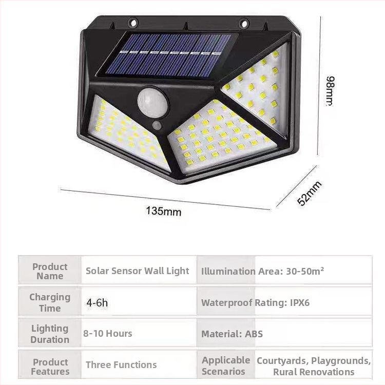 Соларна външна стенна лампа, четиристранно осветяване, IP65, 5W, 3.7V