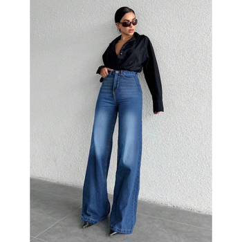 Džinsi, vaļīgs griezums, taisnas kājas, šņorēšanas aizvērums, poliesteru maisījums