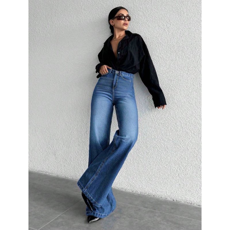 Džinsi, vaļīgs griezums, taisnas kājas, šņorēšanas aizvērums, poliesteru maisījums