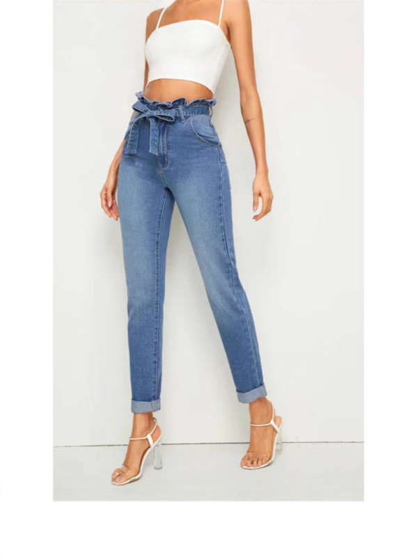 Džinsu šauras bikses ar augstu elastīgumu, vidukļa līmenis vidējā pakāpe, ilgs garums, kokvilna 50–70% un elastāns 30–50%