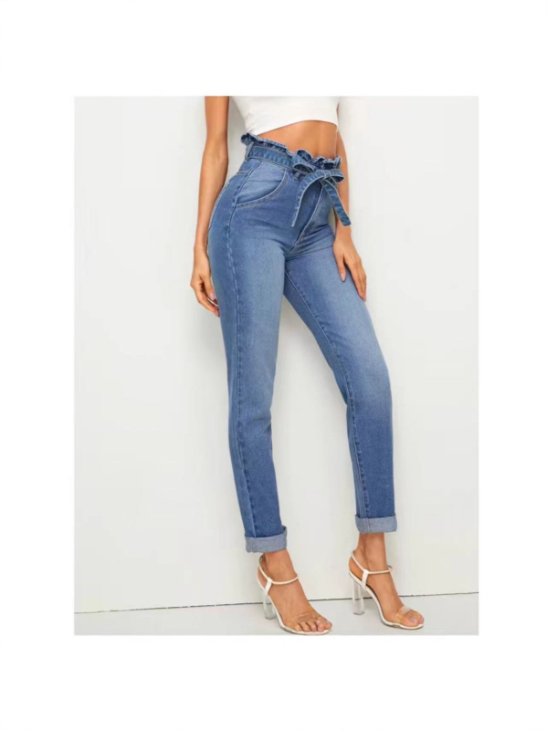 Džinsu šauras bikses ar augstu elastīgumu, vidukļa līmenis vidējā pakāpe, ilgs garums, kokvilna 50–70% un elastāns 30–50%