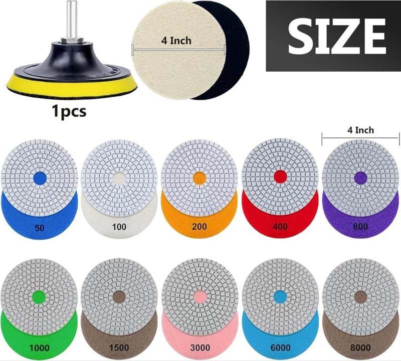Комплект дискове за полиране на камък (14 бр.) – диамантени, зернистост 50–8000, модел 50, максимална скорост 24000 об./мин, предназначени за полиране на камък