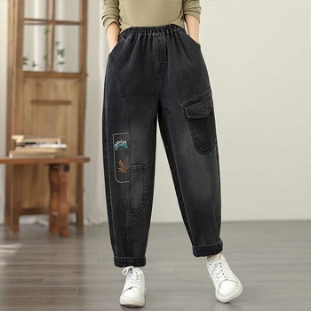 Női nadrágok, magas derék, bokáig érő, pamut-poliészter keverék hímzéssel, koreai stílusú egyenes szabás