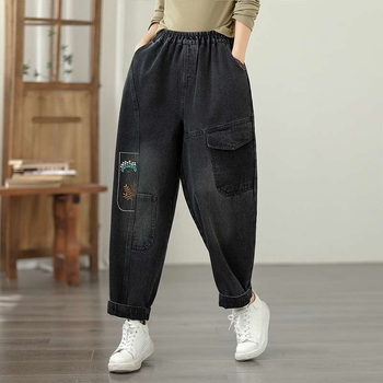 Női nadrágok, magas derék, bokáig érő, pamut-poliészter keverék hímzéssel, koreai stílusú egyenes szabás