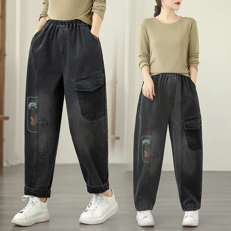 Ženske hlače, visok pas, dužina do gležnja, pamuk-poliester mješavina s izvezenim detaljima, korejski stil