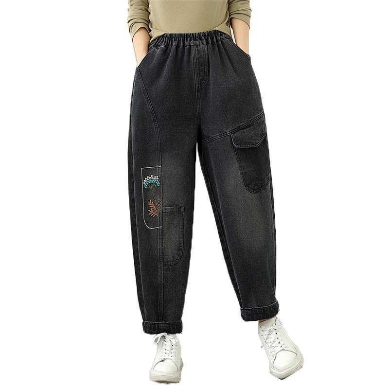 Női nadrágok, magas derék, bokáig érő, pamut-poliészter keverék hímzéssel, koreai stílusú egyenes szabás