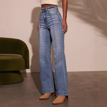 Ženske traperice od denima, visoki pojas, ravni kroj, 70-80% pamuka, poliester smjesa, enzimsko pranje