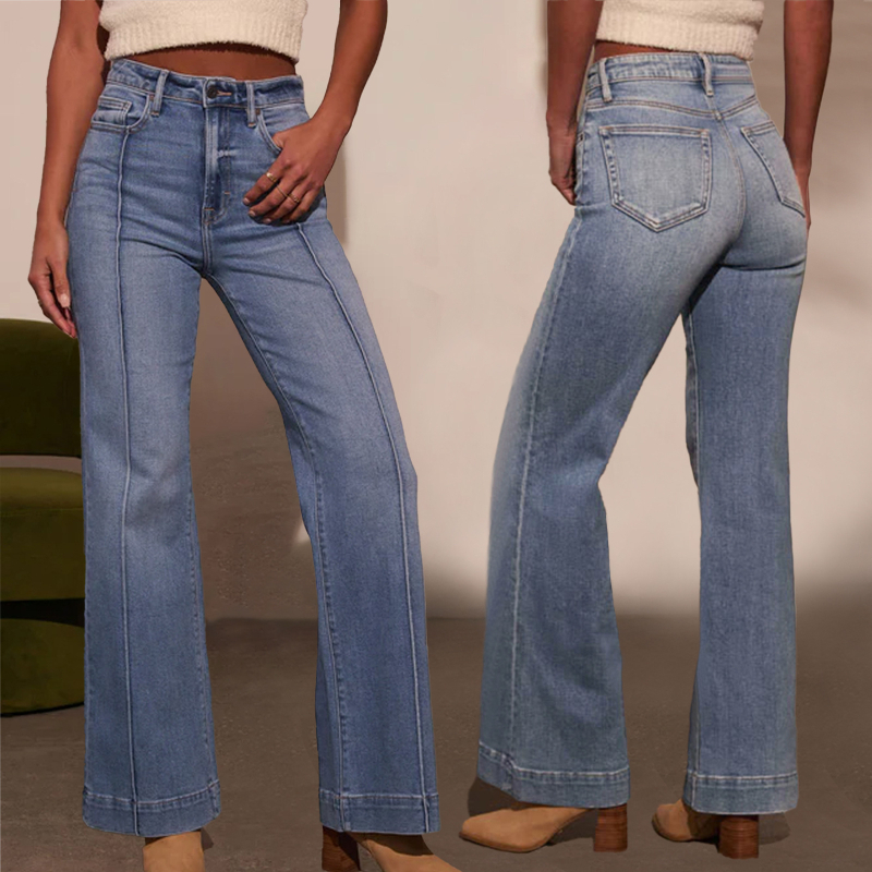 Ženske traperice od denima, visoki pojas, ravni kroj, 70-80% pamuka, poliester smjesa, enzimsko pranje