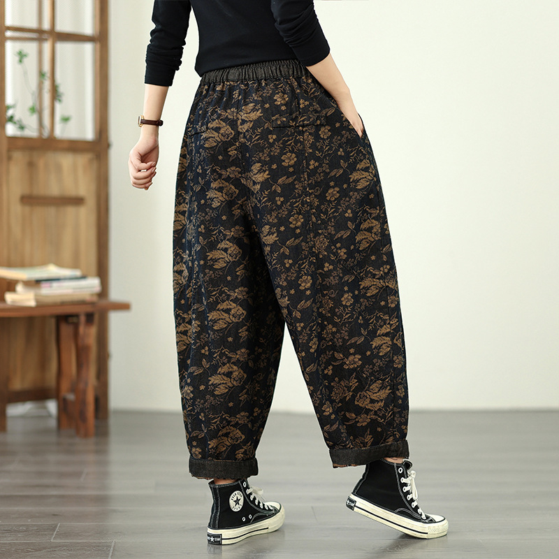 Denim jacquard dupla rétegű harémnadrág, magas deréksz, cropped hossz, homokmosott felülettel