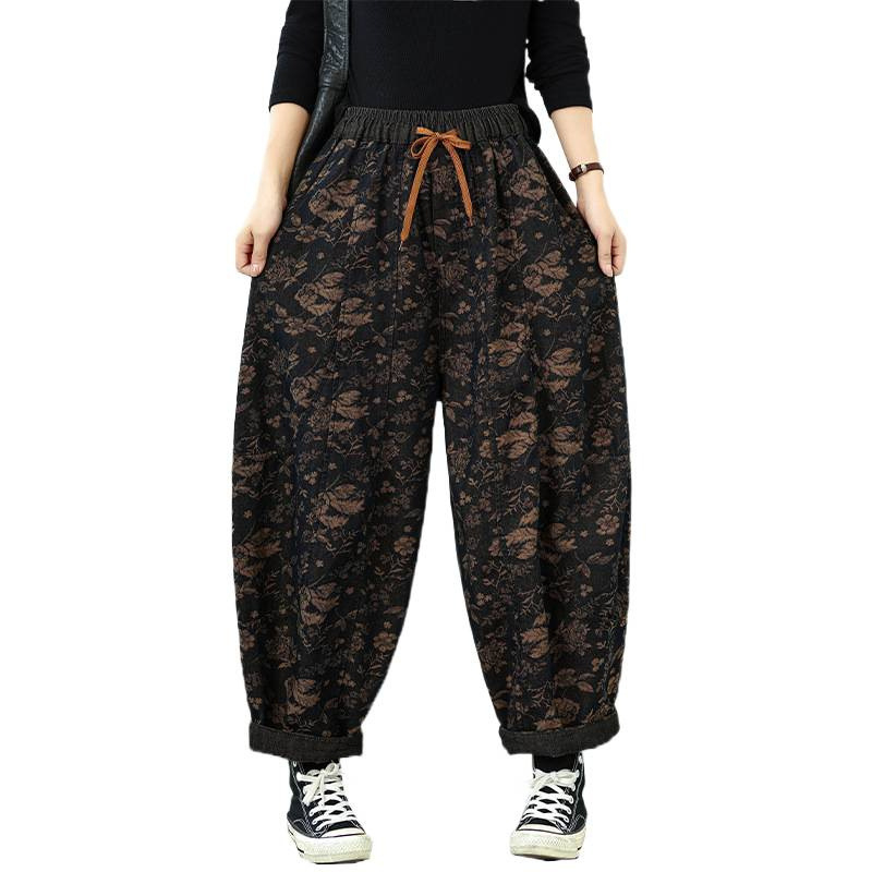 Denim jacquard dupla rétegű harémnadrág, magas deréksz, cropped hossz, homokmosott felülettel