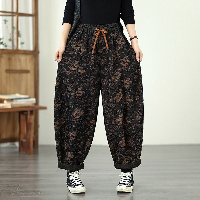 Denim jacquard dupla rétegű harémnadrág, magas deréksz, cropped hossz, homokmosott felülettel