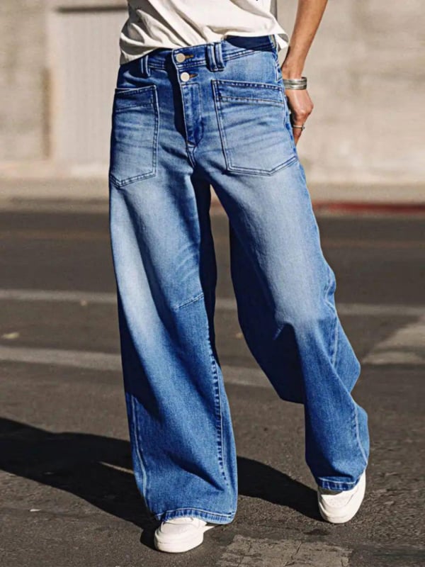 Ženske široke traperice od denima, srednji pojas, 70–80% pamuk, blagi rastezljivost, Cat Whisker završna obrada