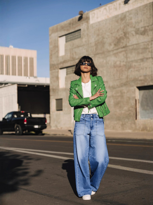 Ženske široke traperice od denima, srednji pojas, 70–80% pamuk, blagi rastezljivost, Cat Whisker završna obrada