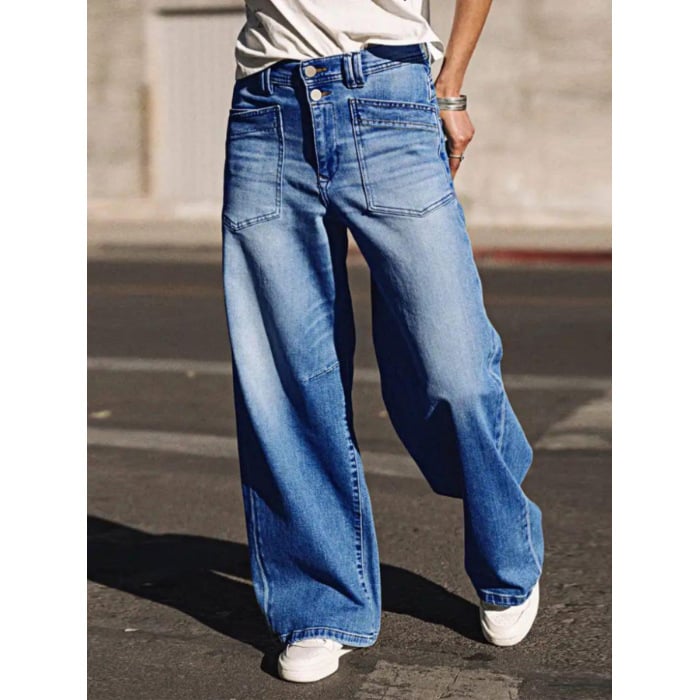 Ženske široke traperice od denima, srednji pojas, 70–80% pamuk, blagi rastezljivost, Cat Whisker završna obrada