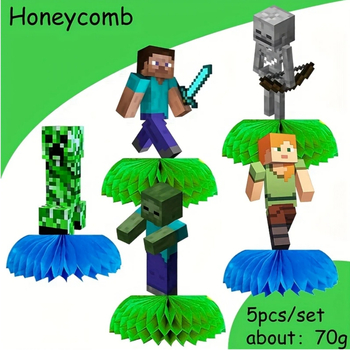 5-dijelni set stolnih ukrasa s temom igre u pixelnom stilu, rudarski i robotski motiv (moderni minimalistički stil)