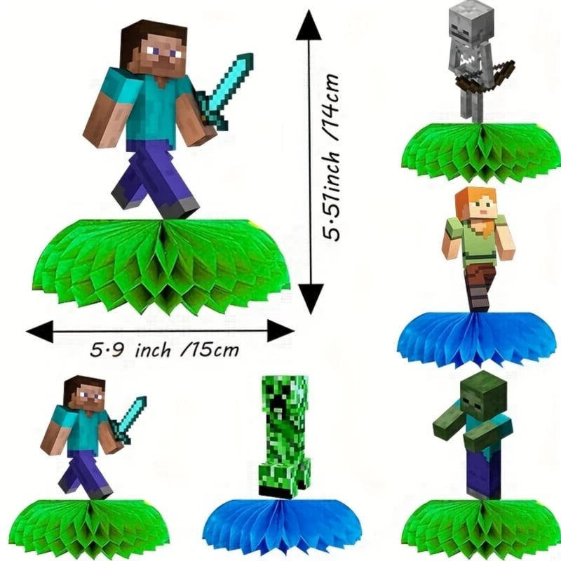 5-dijelni set stolnih ukrasa s temom igre u pixelnom stilu, rudarski i robotski motiv (moderni minimalistički stil)