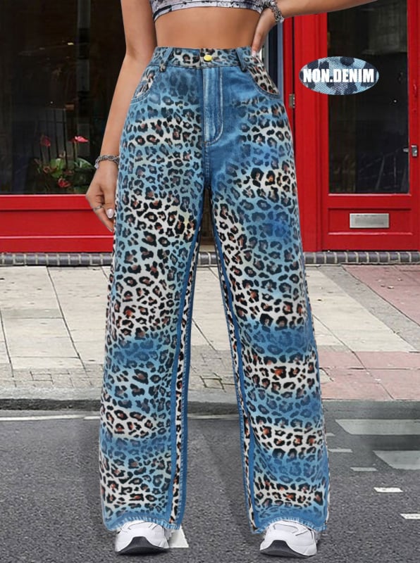 Traperice s gradijentnim leopard printom, ravni kroj, duge, srednji pojas, poliester 95%+