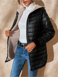 Damska kapuljačasta jakna od pamuka s punjenjem poliester-pamuk, srednje dužine, dugi rukavi