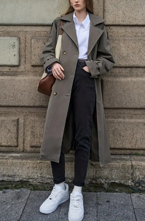 Dugo žensko kaput s ovratnikom, labav kroj, poliester s elastanom, dugi rukavi, zatvaranje vezicama, casual japansko-korejski stil