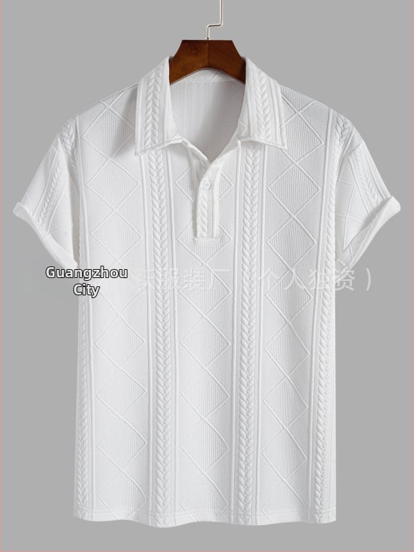 Geometriai mintázatú kötött polo ing, lélegző poliészter, Turn-Down gallér, fél nyitott placket, rövid ujjú