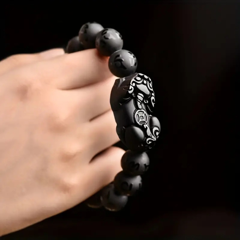 Обсидианова гривна с Pixiu, мънисти за шестзнакова мантра, унисекс