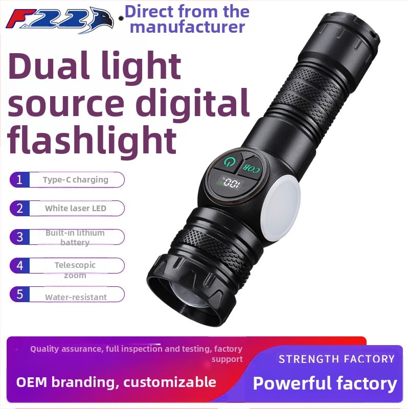 COB LED laterna ar sānu gaismu — daudzfunkcionāla, 10W, 1200mAh, uzlādējama, ar roku dinamisko piedziņu, 360° rotācija, magnēts, piemērota āra lietošanai