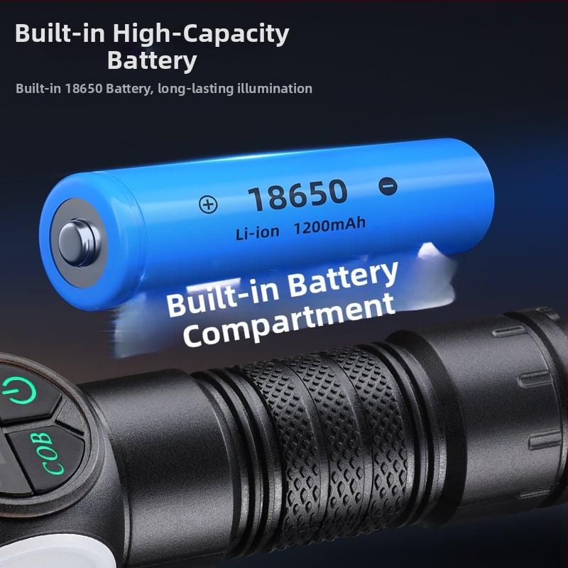 COB LED laterna ar sānu gaismu — daudzfunkcionāla, 10W, 1200mAh, uzlādējama, ar roku dinamisko piedziņu, 360° rotācija, magnēts, piemērota āra lietošanai