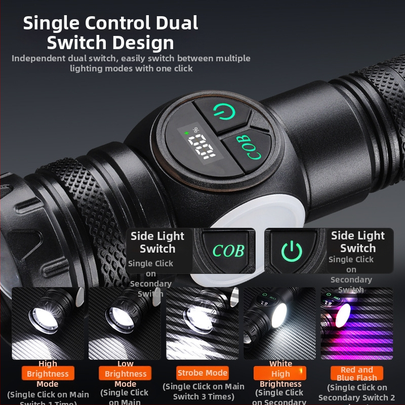 Многофункционално фенерче с COB странично осветление, 10W LED, 1200mAh батерия, 360° въртене, ръчно зареждане