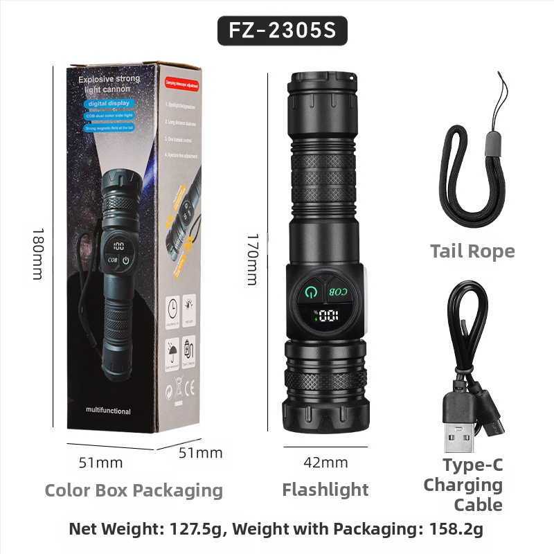 Daudzfunkcionāla LED laterna ar COB sānu apgaismojumu, 10W, 1200mAh akumulators, 360° rotācija, manuāla uzlāde