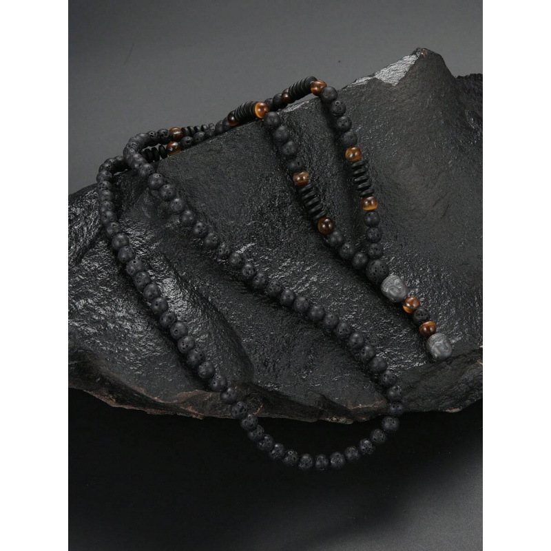 Vyrų kaklo papuošalas — vulkaninė akmena ir tigro akies akmuo, natūralus akmuo, pakabukas su dengtu metalu, prekės kodas SH33587123, leidimas 2025 m. žiemą, tarptautinis eksportas – išskirtinis