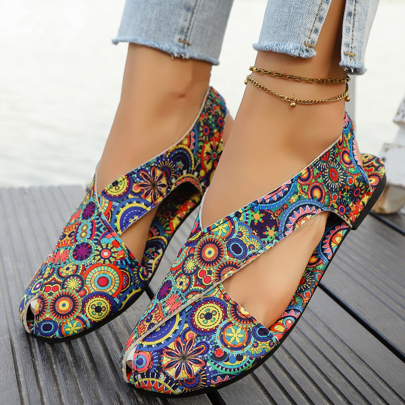 Naiste avatud varbaga sandaalid, Euroopa–Ameerika stiil, etniline muster, PU ülemine, kummist tald