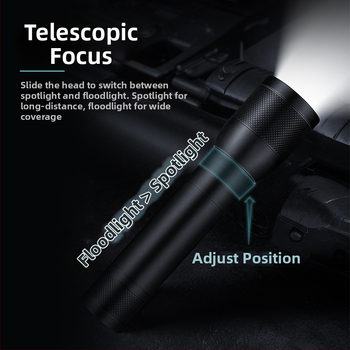 LED taskulamp reguleeritava teleskoopzoomiga, Type-C laadimine, 18650 1200mAh aku, 10W, ulatus üle 500 m