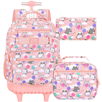 FTJCF PVC ratastel koolikott tüdrukutele, hingav ja ultra kerge, anime motiiv, komplektis: seljakott, lõunakott ja pliiatsikott