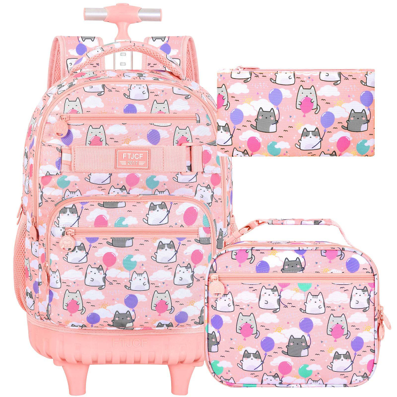 FTJCF PVC ratastel koolikott tüdrukutele, hingav ja ultra kerge, anime motiiv, komplektis: seljakott, lõunakott ja pliiatsikott