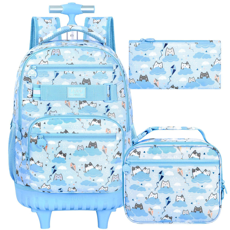 FTJCF PVC ratastel koolikott tüdrukutele, hingav ja ultra kerge, anime motiiv, komplektis: seljakott, lõunakott ja pliiatsikott