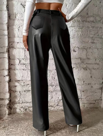 PU nahast igapäevased püksid, kõrge vöökoht, lai lõige, mitmeid taskuid, sügisel 2024