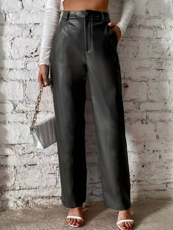 PU nahast igapäevased püksid, kõrge vöökoht, lai lõige, mitmeid taskuid, sügisel 2024